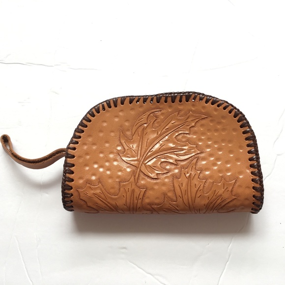 Vintage Handmade Leather Clutch Taco Wallet Hand Tooled 7” X 4” Tan Light Brown - Picture 1 of 5